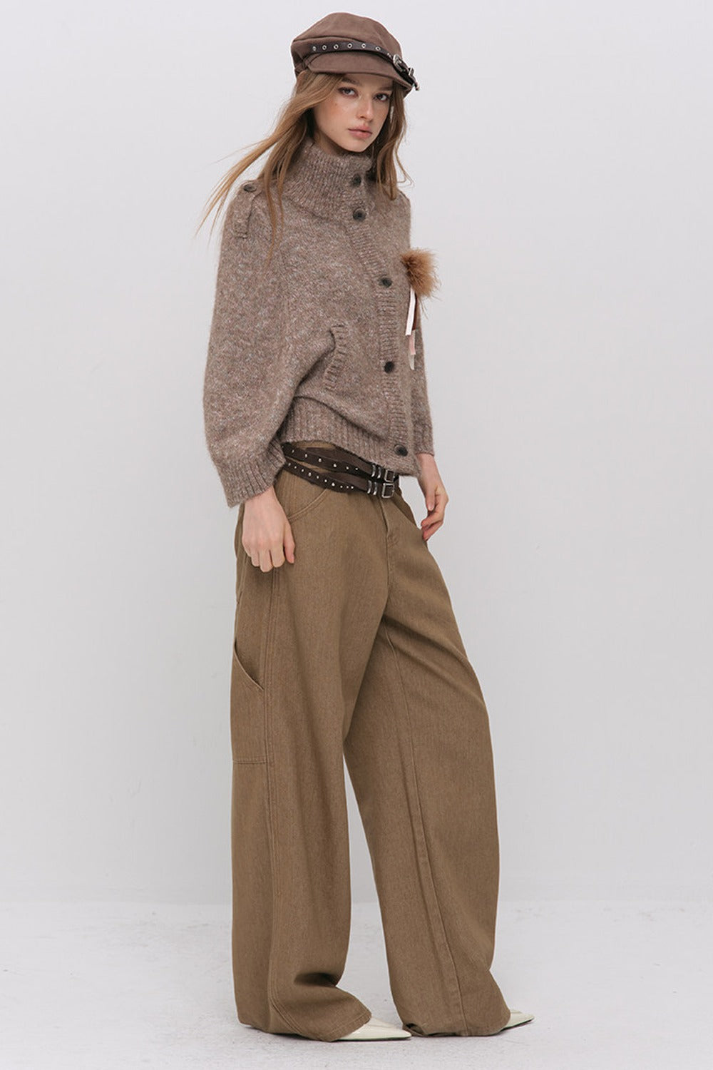 Stand Collar Corsage Knit Cardigan