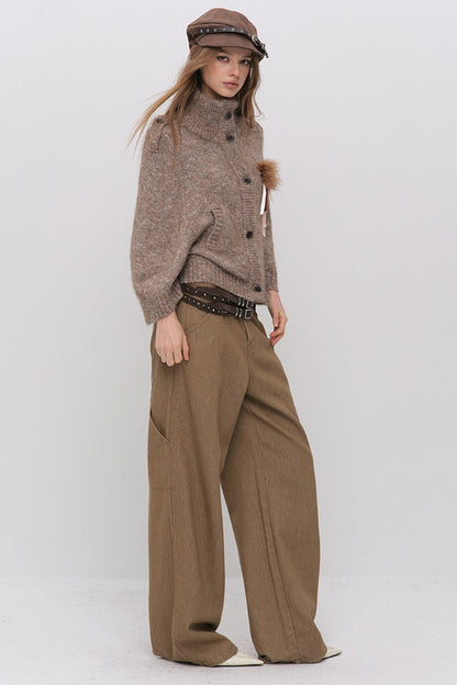 Stand Collar Corsage Knit Cardigan