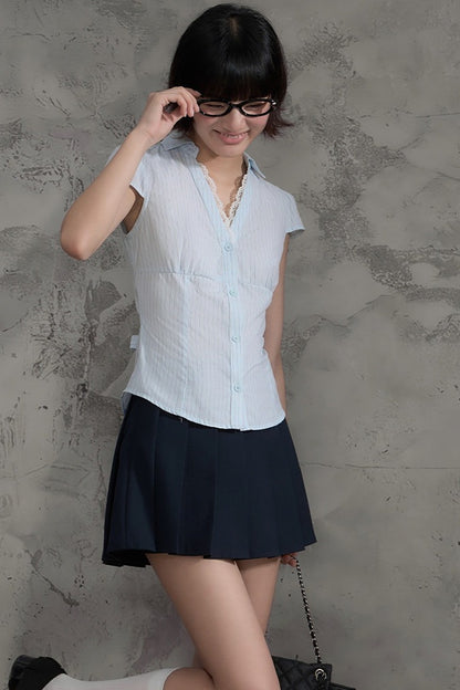 Lace Patchwork Striped Blouse