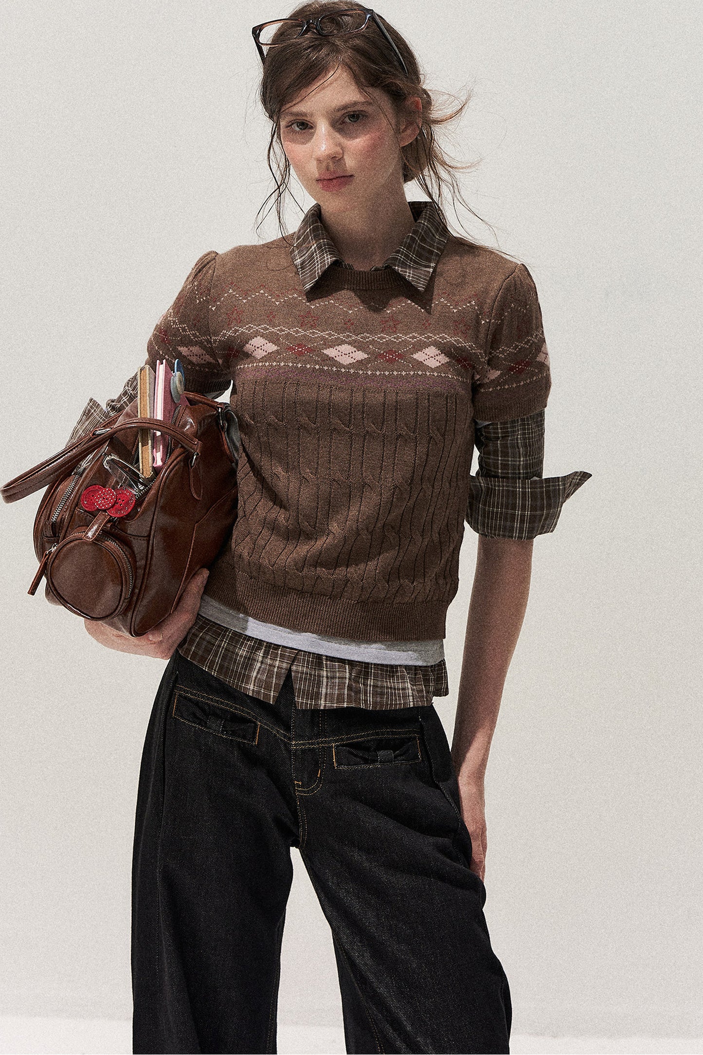 Retro Fair Isle Argyle Short-Sleeve Knit Sweater and Skirt Set-Up