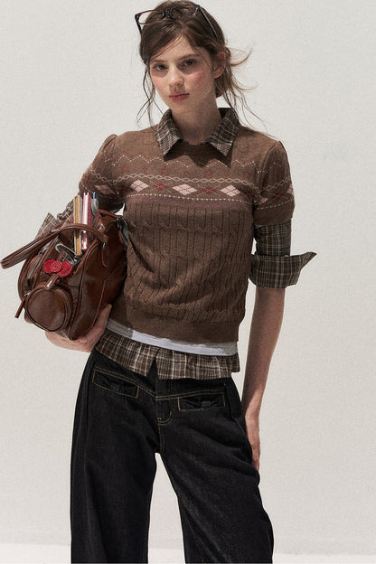 Retro Fair Isle Argyle Short-Sleeve Knit Sweater and Skirt Set-Up