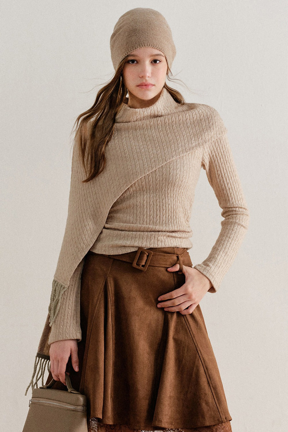 Faux Suede Lace Patchwork Skirt