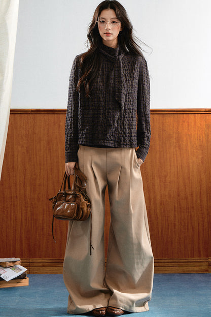 Plaid Cable-Knit Knit Shirt Top