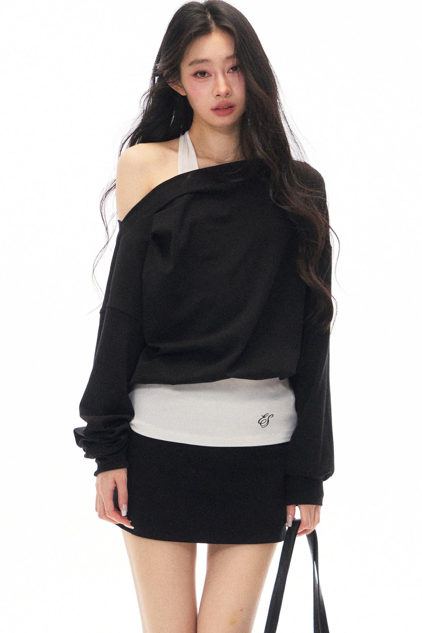 Black Asymmetrical Shoulder Long-Sleeve Top and Skirt Set-Up