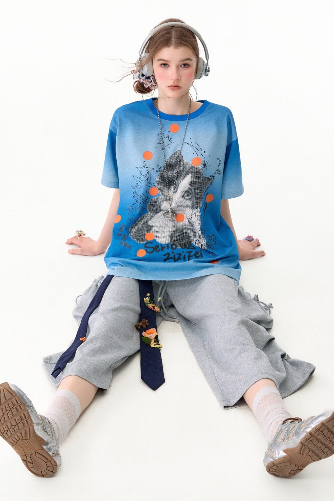 Blue Gradient Cat Print T-Shirt