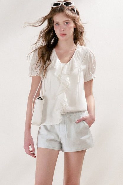 Mulberry Silk Lace Ruffle V-Neck Top