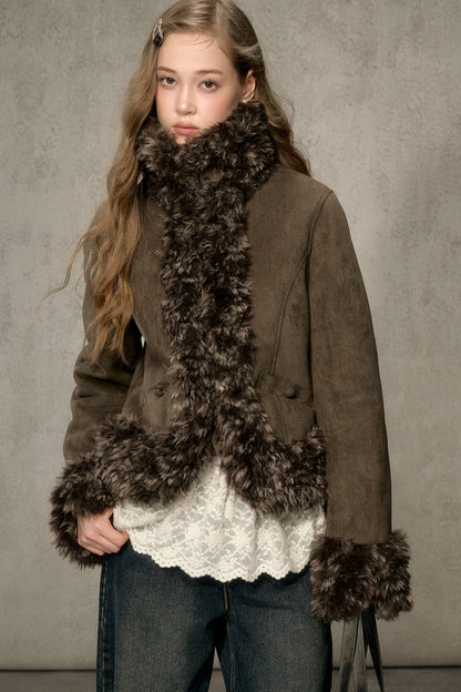 Faux Suede Short Fuzzy Collar Jacket