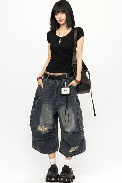 Retro Ripped Denim Capri Pants