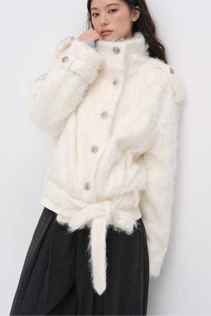 Faux Fur Diagonal Placket Tie Waist Jacket