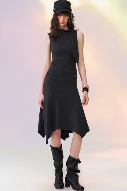 Ribbon Tie Sleeveless Top and Asymmetrical Skirt Set-Up