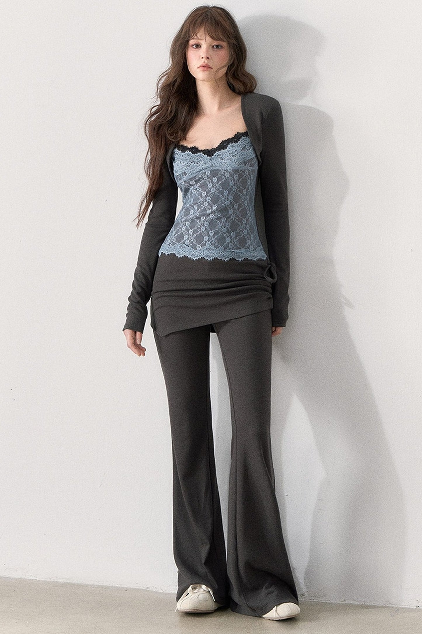 Lace Trim Knit Top and Flared Pants Set-Up