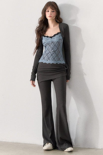 Lace Trim Knit Top and Flared Pants Set-Up