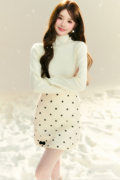 High-Waisted Drapey Polka Dot Woolen Skirt