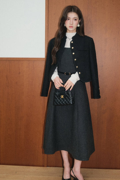 Black Tweed Jacket and Square-Neck Dress Set-Up