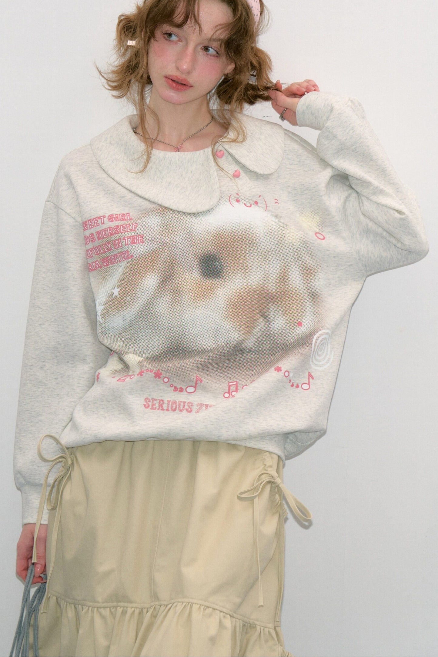 Polka Dot Rabbit Print Doll Collar Sweatshirt