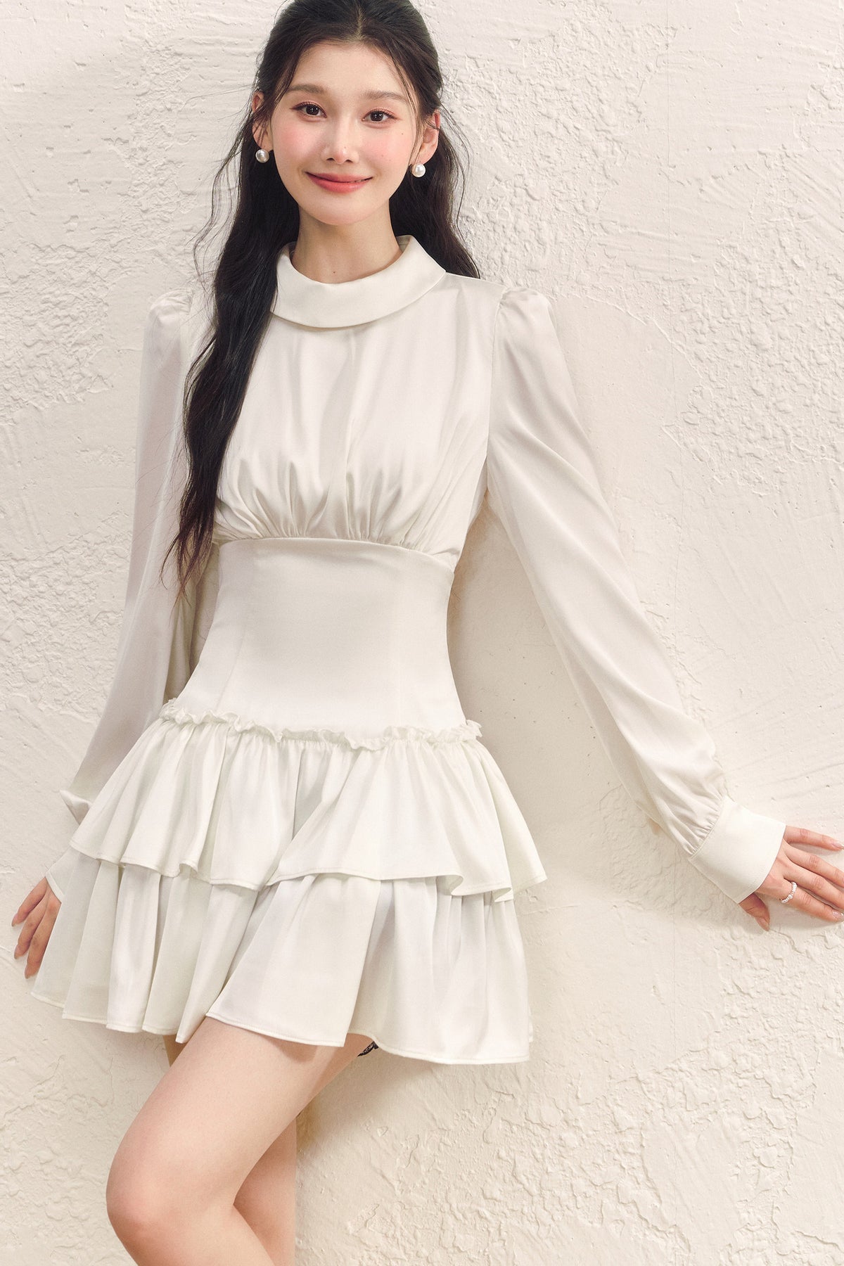 Satin Ruched Ruffle Dress