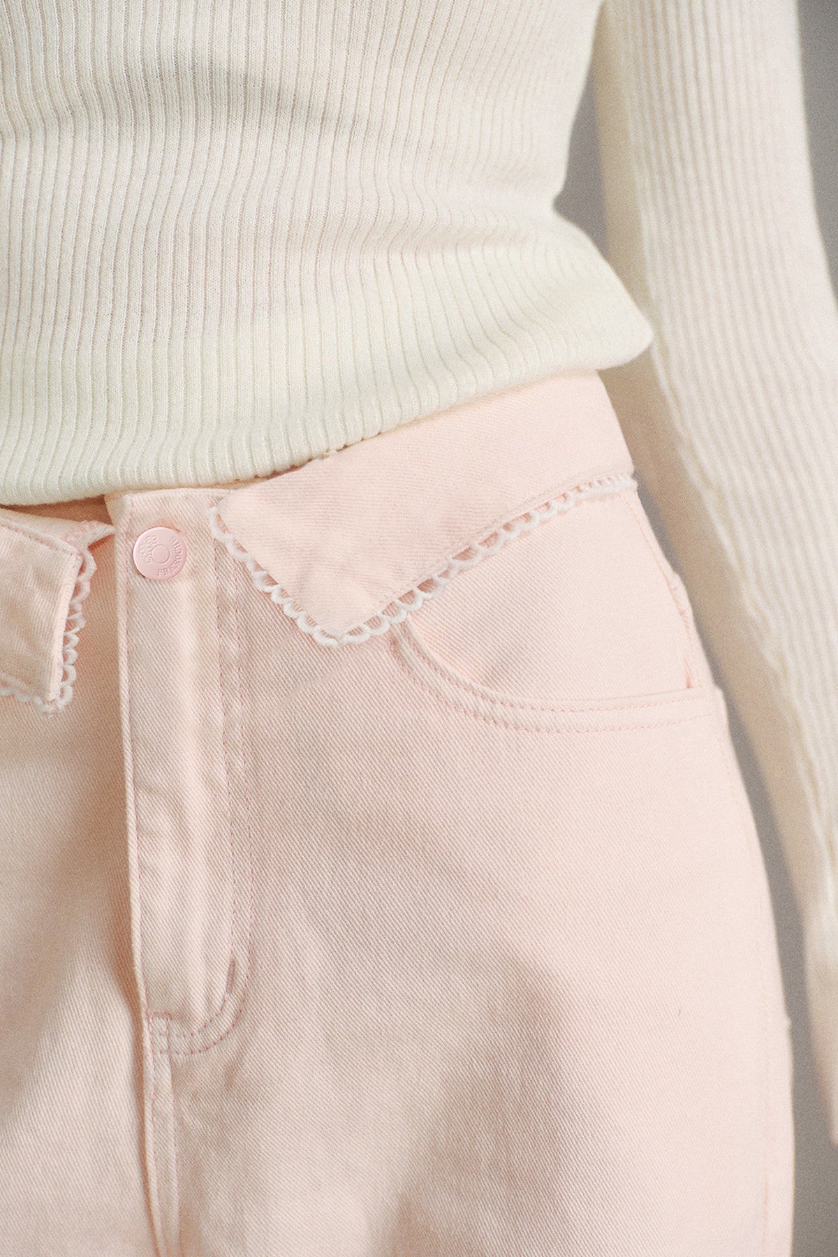 100% Cotton Folded Waistband Wide-Leg Jeans