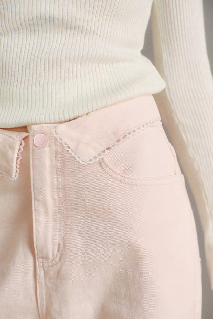 100% Cotton Folded Waistband Wide-Leg Jeans