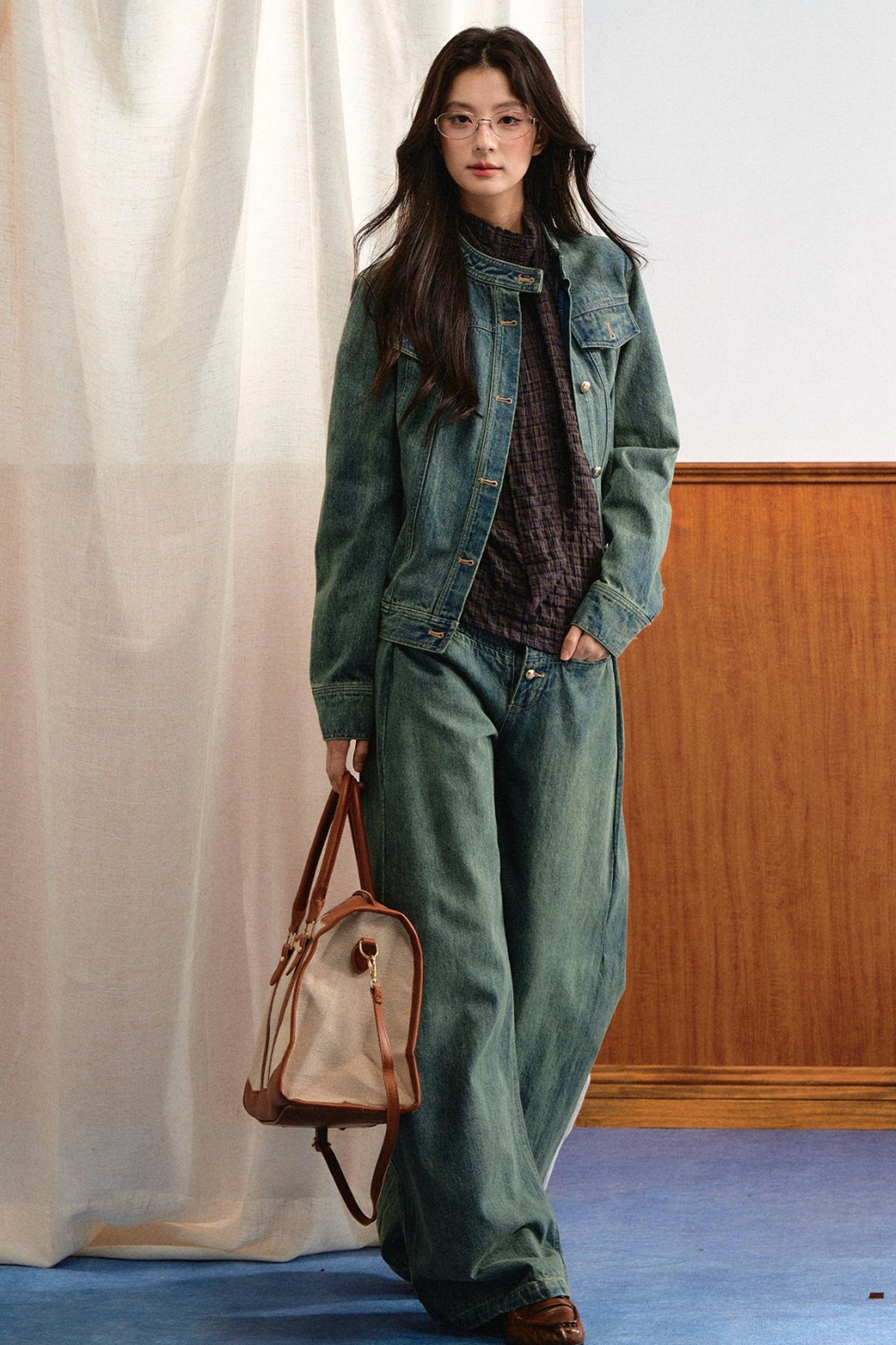 Retro Washed Denim Top and Wide-Leg Pants Set-Up
