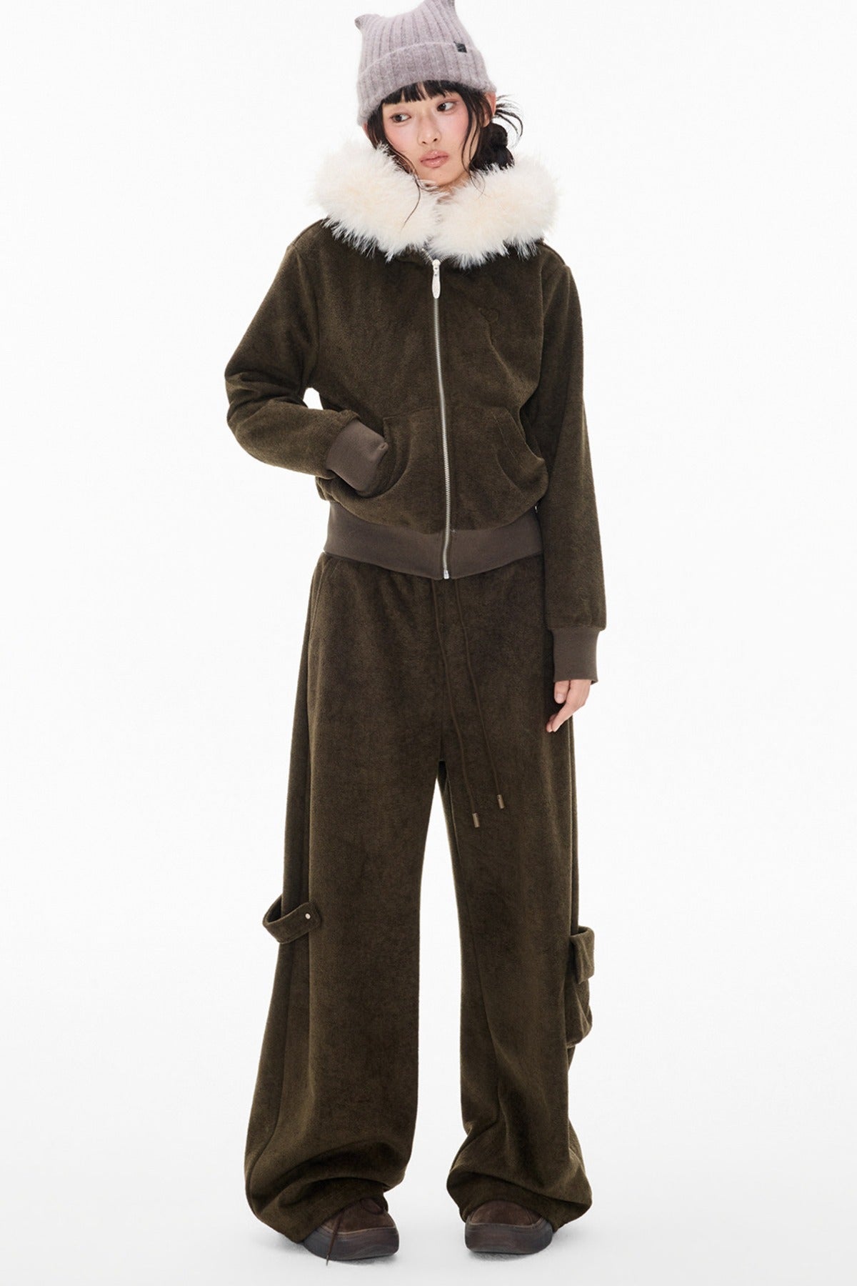 Detachable Fur Hood Jacket and Pants Set-Up