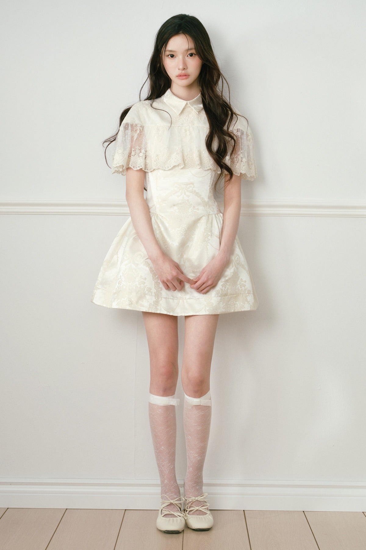 Champagne Satin Jacquard Cape Dress