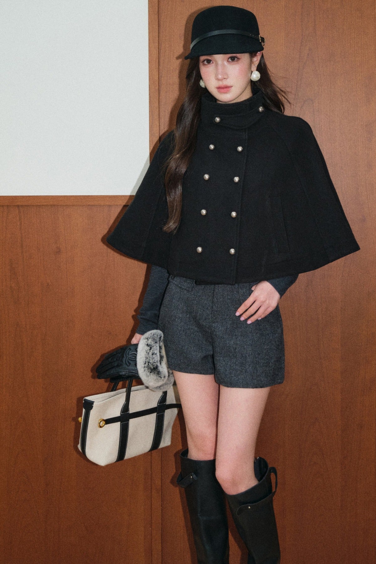 Double-Breasted Wool Cape and Shawl Shorts Set-Up