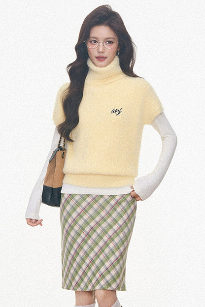 Faux Mink Turtleneck Sweater With Plaid Midi Skirt and Pants Set-Up