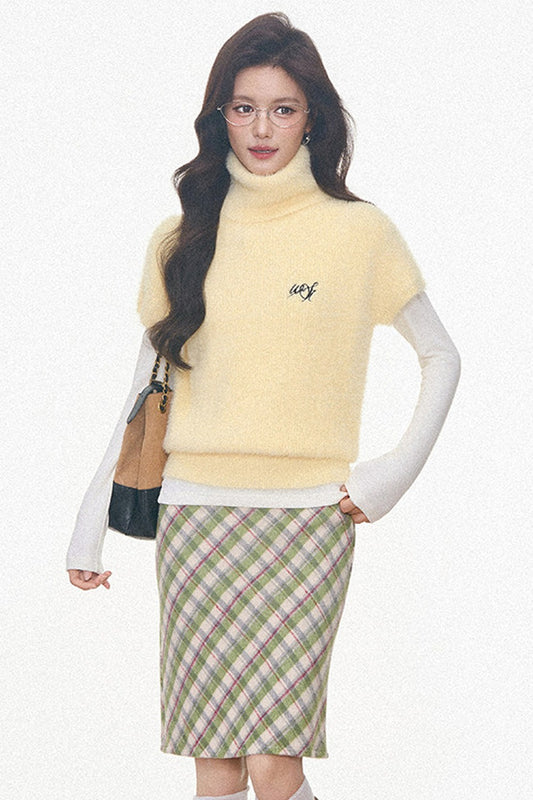 Faux Mink Turtleneck Sweater With Plaid Midi Skirt and Pants Set-Up