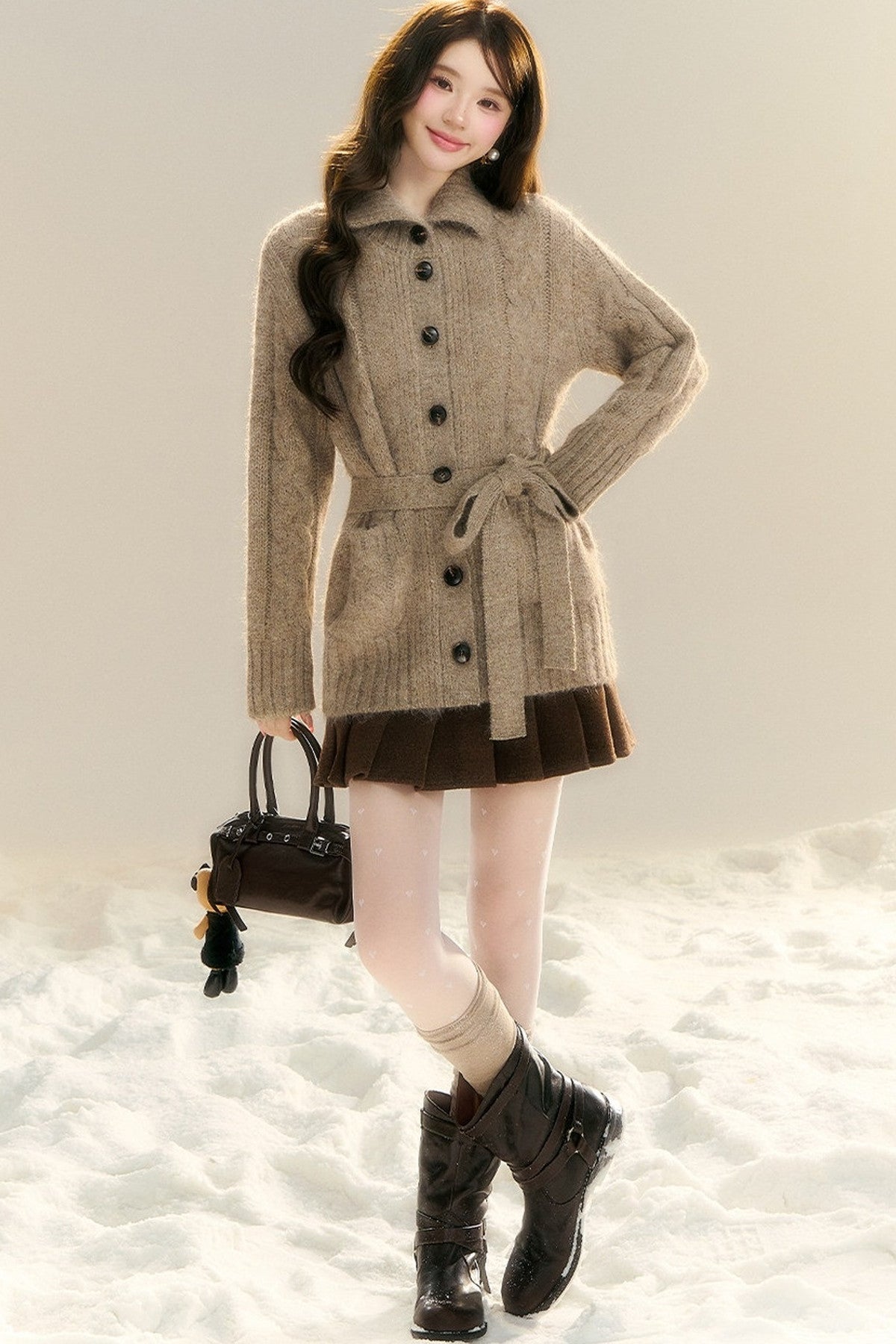 Waist-Cinching Cable Knit Sweater Cardigan