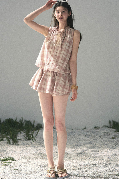 Lace Plaid Puff Dress Set