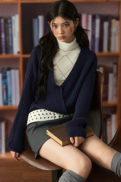 Navy Blue V-Neck Knit Cardigan Set-Up