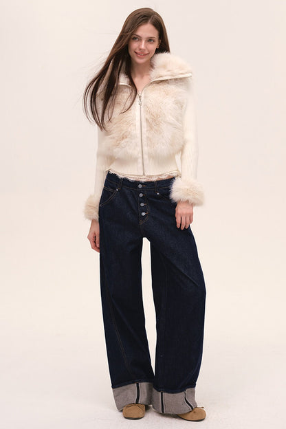 Layered-Look Fur Patchwork Knit Jacket
