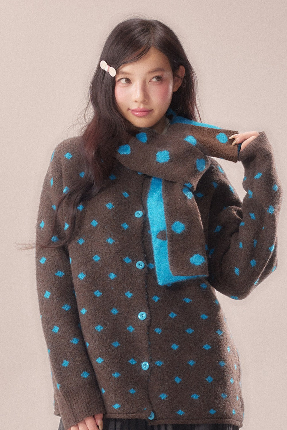 Polka Dot Scarf Knit Cardigan