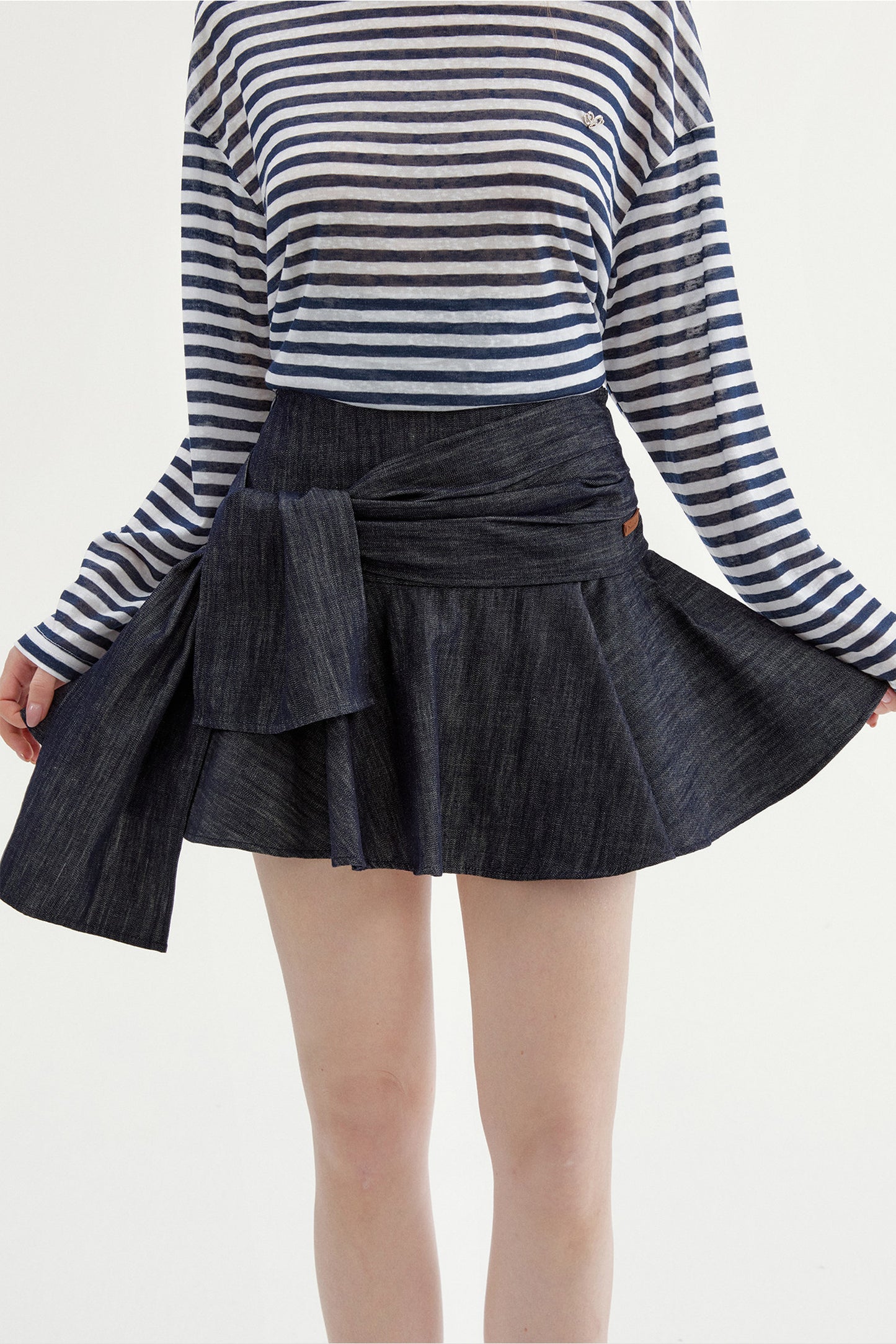 Navy Striped Long-Sleeve Top and A-Line Denim Skirt Set