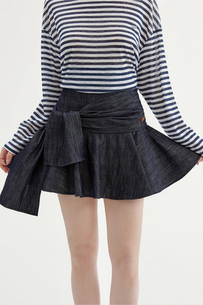 Navy Striped Long-Sleeve Top and A-Line Denim Skirt Set