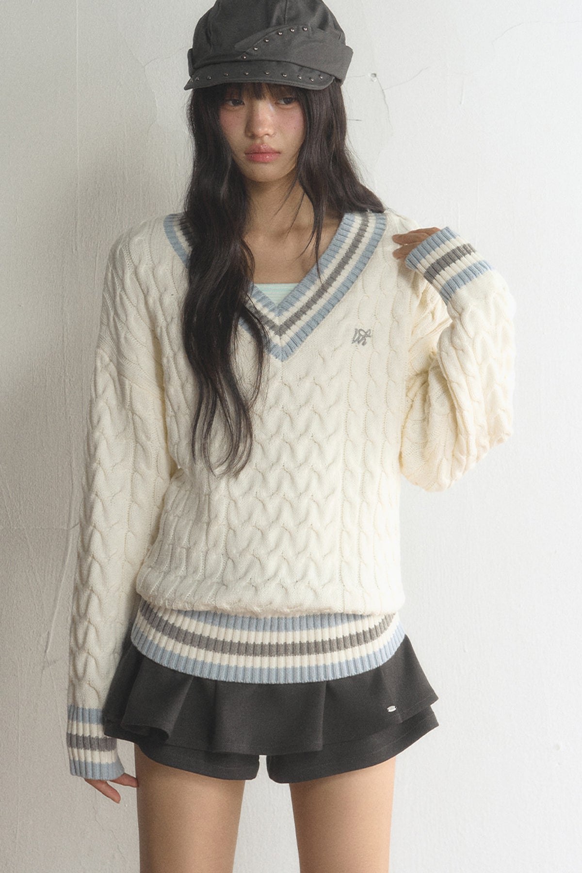 V-Neck Cable Knit Pullover Top and Pleated Skirt Set-Up