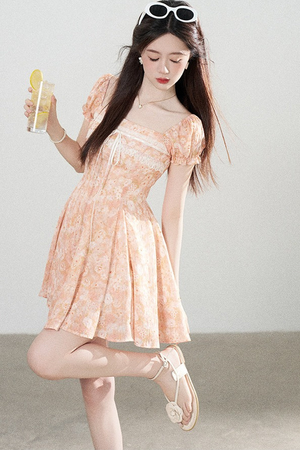 Square-Neck Floral Puff-Sleeve Chiffon Dress