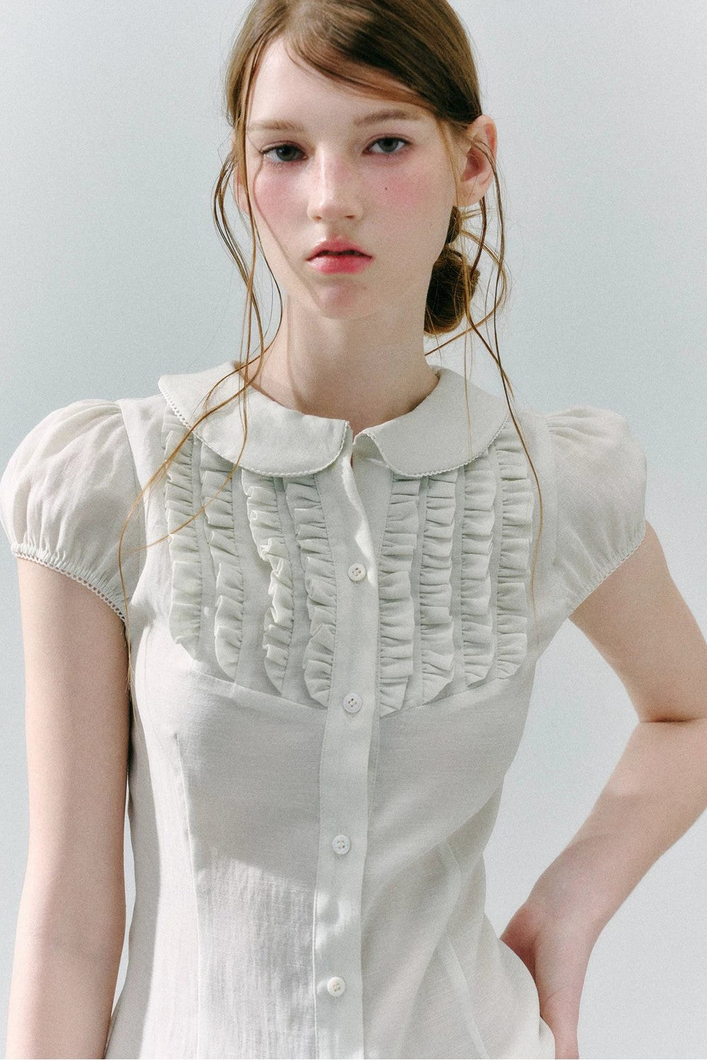 White Acetate Linen Ruffle Blouse