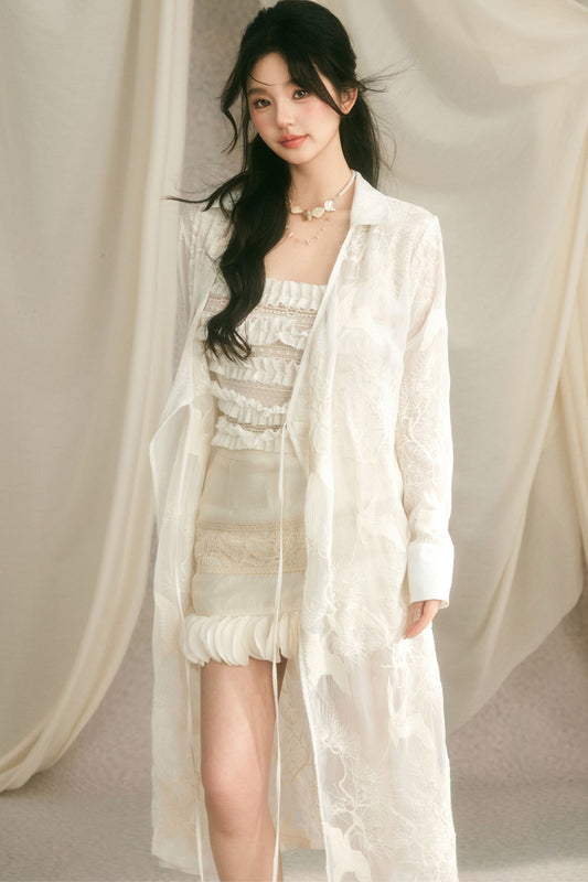 Crane Embroidery Waist-Tie Top