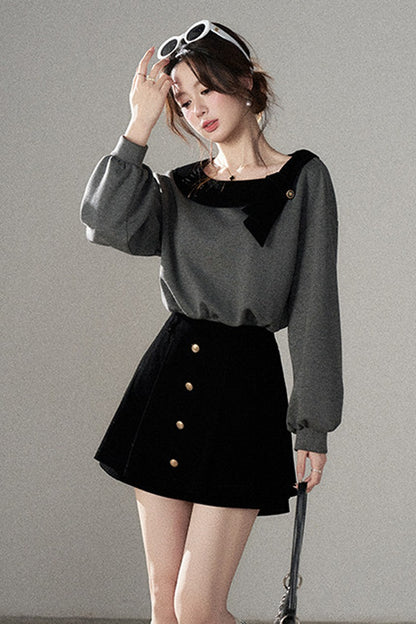 Gray Pullover Sweatshirt and Black Skirt Set-Up