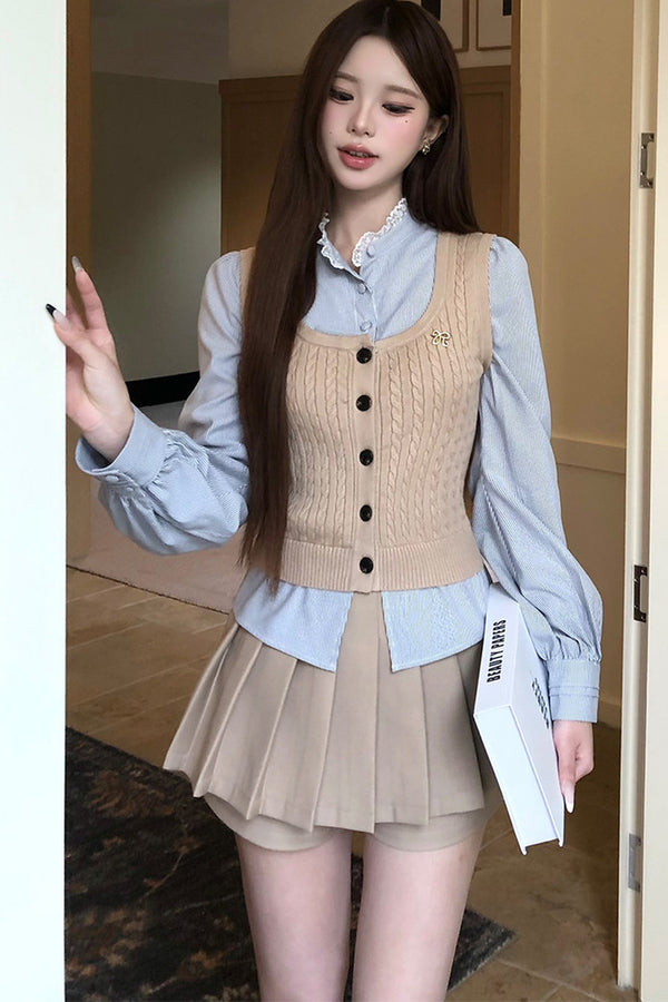 Knit Vest and Pleated Skirt Set-Up