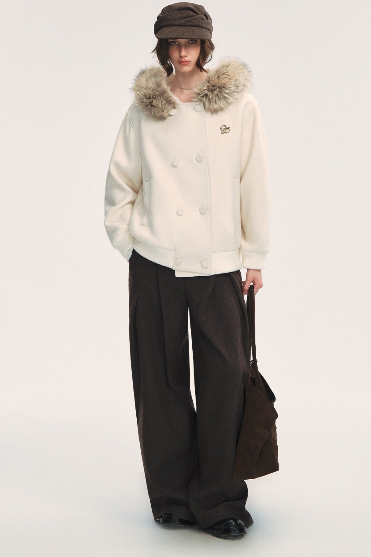 White Wool Hooded Large Fur Collar Jacket