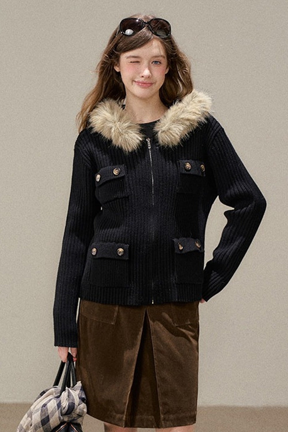 Hooded Ribbed Stripe Knit Cardigan