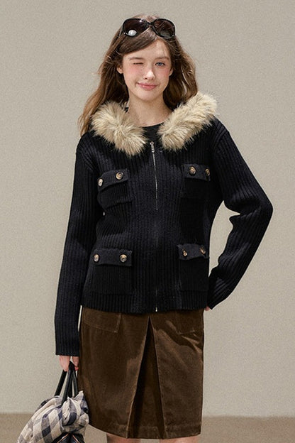 Hooded Ribbed Stripe Knit Cardigan