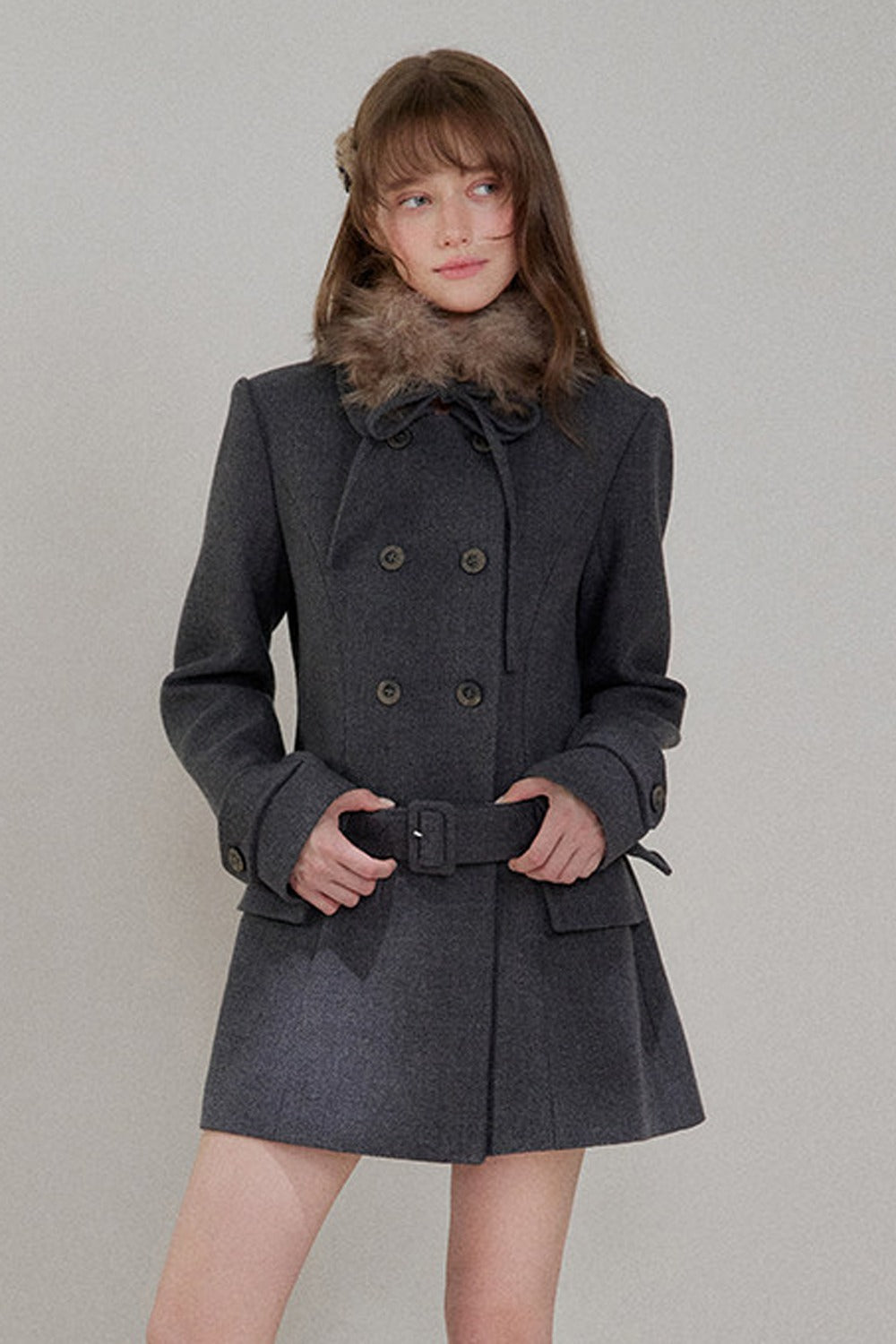 Double-Breasted Fur Collar Wool Coat