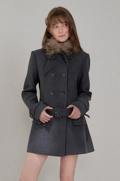 Double-Breasted Fur Collar Wool Coat