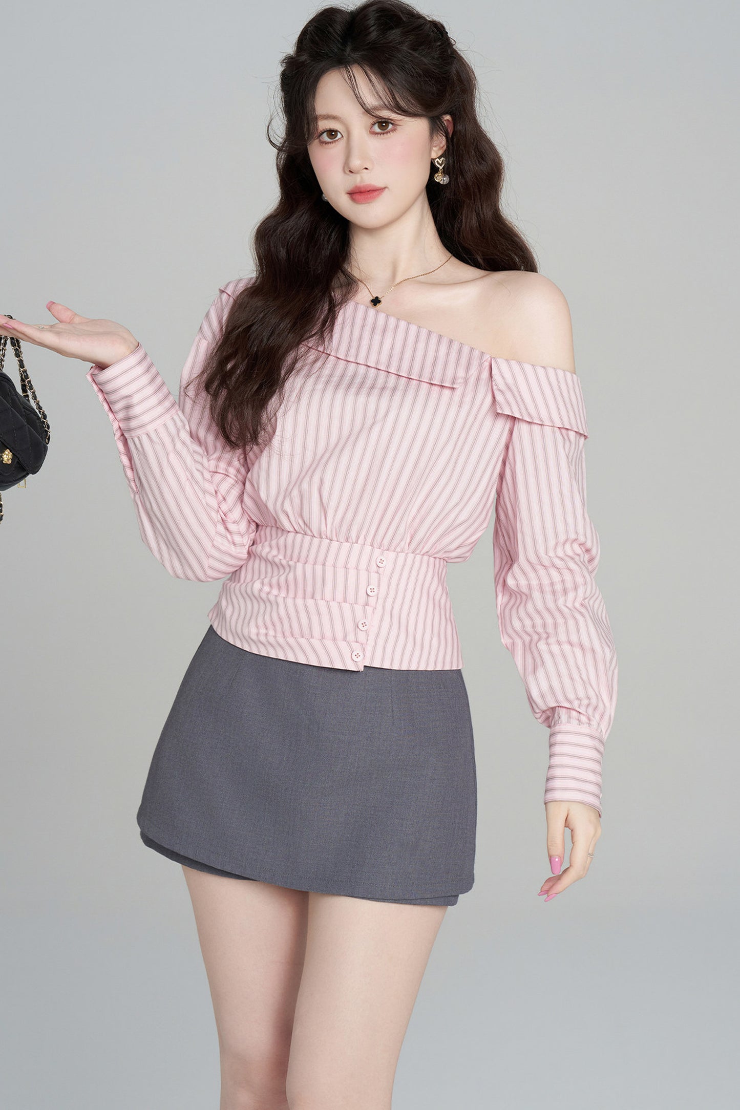 Pink Striped Off-Shoulder Long-Sleeve Shirt and Skirt Set-Up