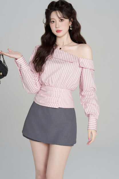 Pink Striped Off-Shoulder Long-Sleeve Shirt and Skirt Set-Up