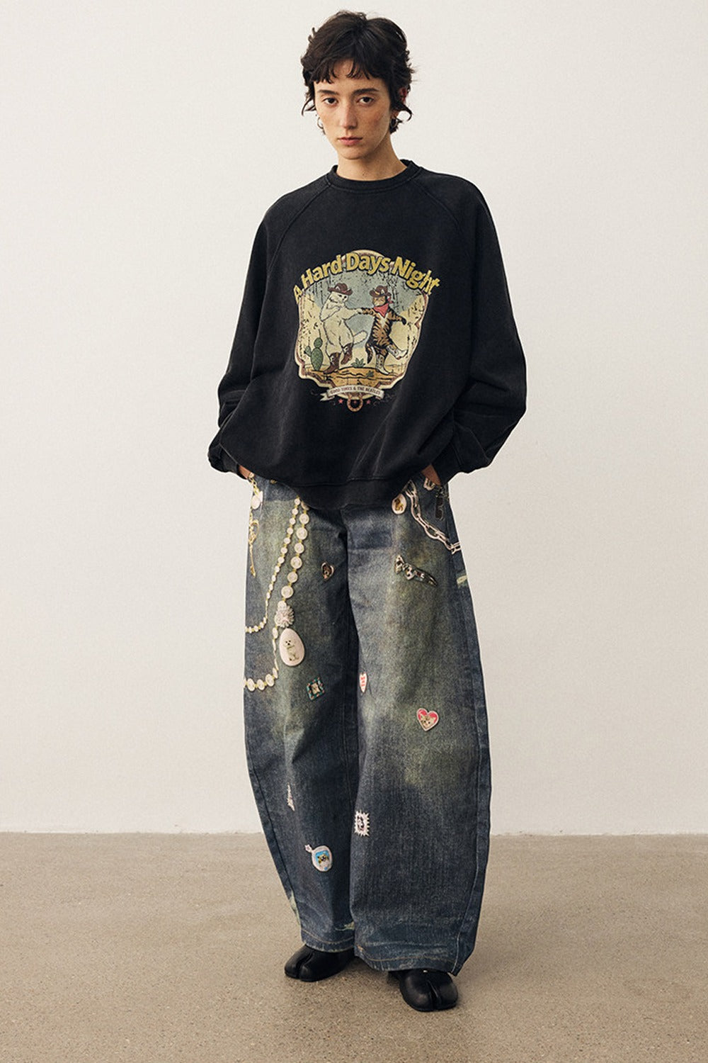 Washed Cat Print Sweatshirt and Pants Set