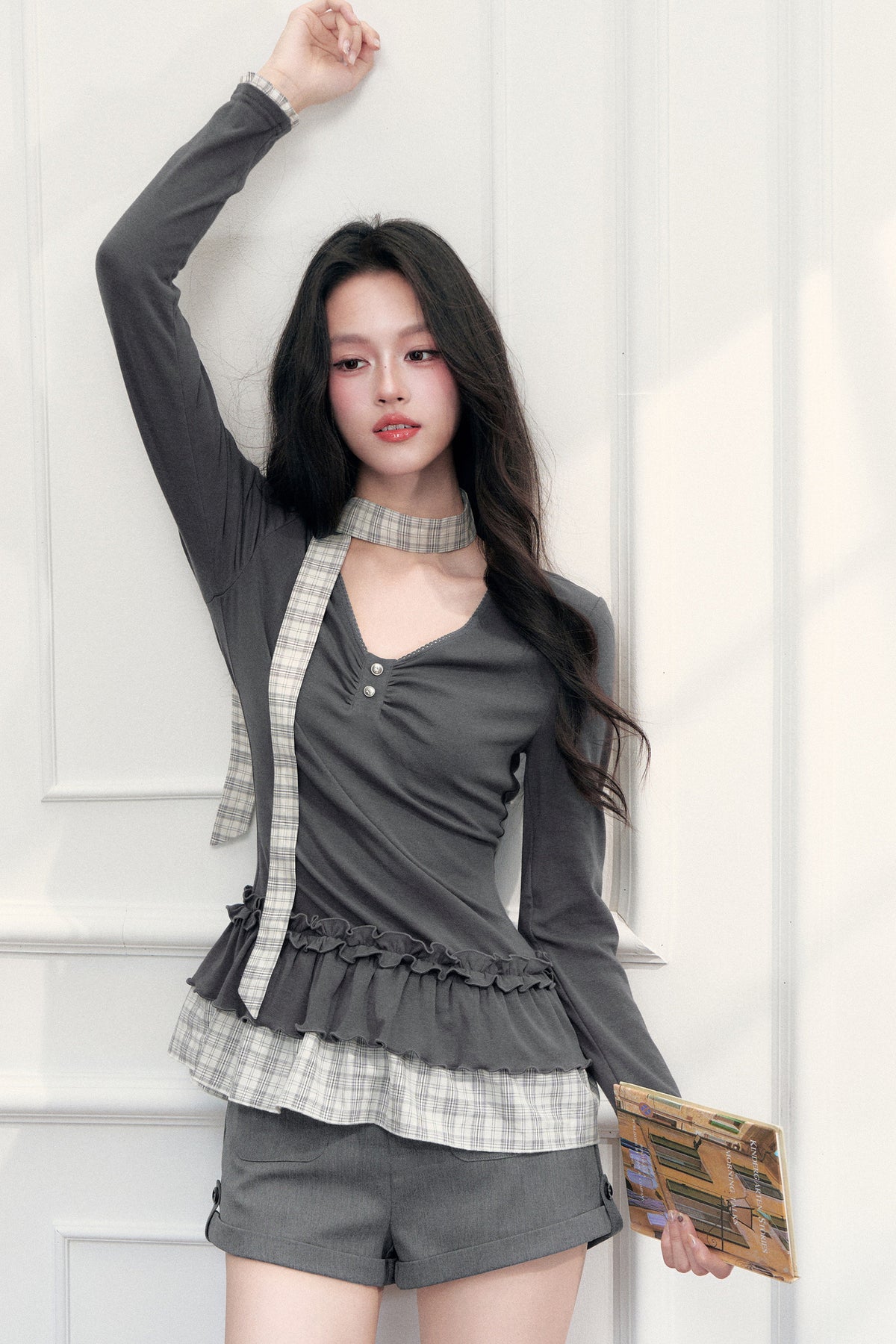 V-Neck Plaid Ruffled T-Shirt and Pants Set-Up